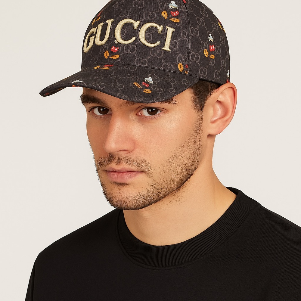 Gucci Authentic Black Cap with Gold Logo and Mickey Mouse unisex